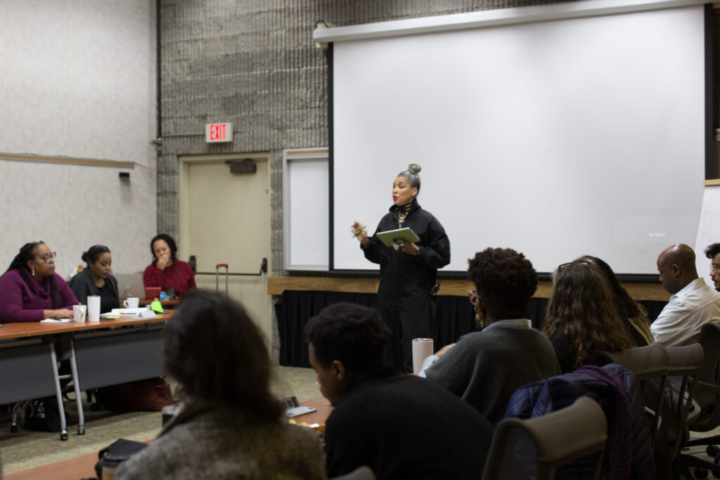 k.Neycha Herford talking with the 360 Incubator+ fellows and mentors at the Edith Macy Center's Maple Room.