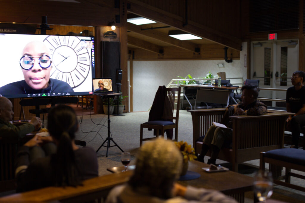 Akilah Scharff-Teoh moderating a fireside chat with Alexis Aggrey for the 360 Incubator+ at the Edith Macy Center lounge.